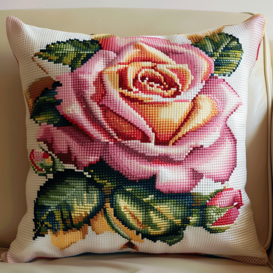 Cross Stitch Cushion Cover Pink rose flower Embroidery Kit Stamped Cross Stitch Pillow Kits 18x18inch