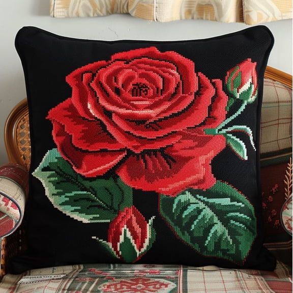 Cross Stitch Cushion Cover Red rose flower Stamped Embroidery Pillowcases Needlepoint Kits 18x18inch