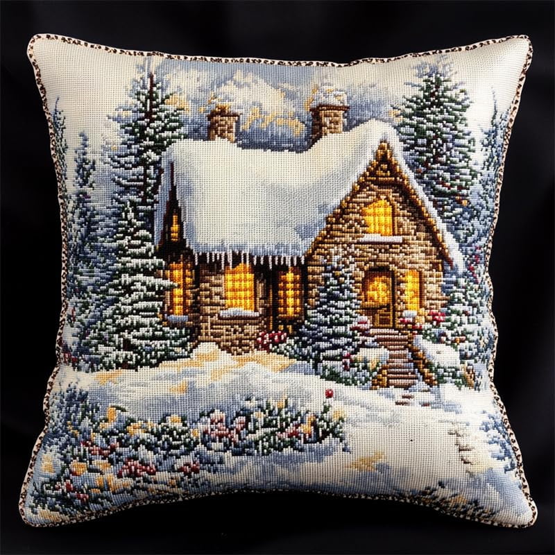 Cross Stitch Cushion Cover Snow hut Embroidery Kit Pillow Cases Stitch Throw Pillow 18x18in