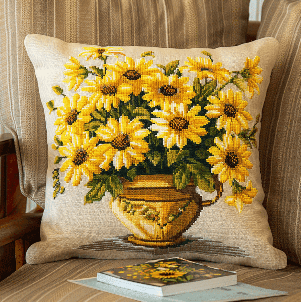 Cross Stitch Cushion Cover Yellow daisy flower Embroidery Kit Pillow Cases Stitch Throw Pillow 18x18in
