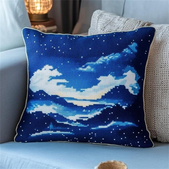 Cross Stitch Cushion Kit, Blue Starry Sky Pillow Kit DIY Cushion Embroidery Kit Needlepoint Handmade Needlework Cushion Kit Stitched Pillow Cover Kit