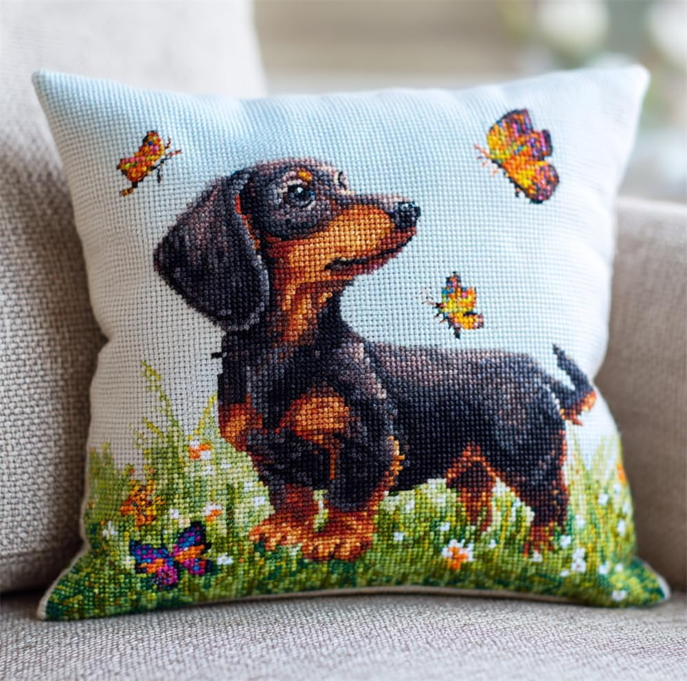 Cross Stitch Cushion Kit, Dachshund On The Grass 17.7X17.7In Cushion Back Included, Pre Printed Canvas, Stamped Cross Stitch Pillowcase Yarn and Needle Included Embroidery Needle P