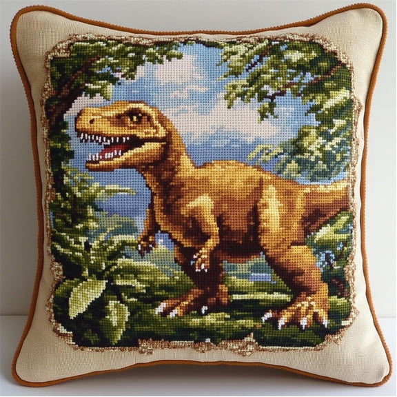 Cross Stitch Kit Cushion Complete Set Dinosaur 17.7X17.7In Decoration Manual Embroidery Kit Set Adult Art Creative Gift Diy Printed Cross Stitch Embroidery Pillowcase Diy Needlework Animal