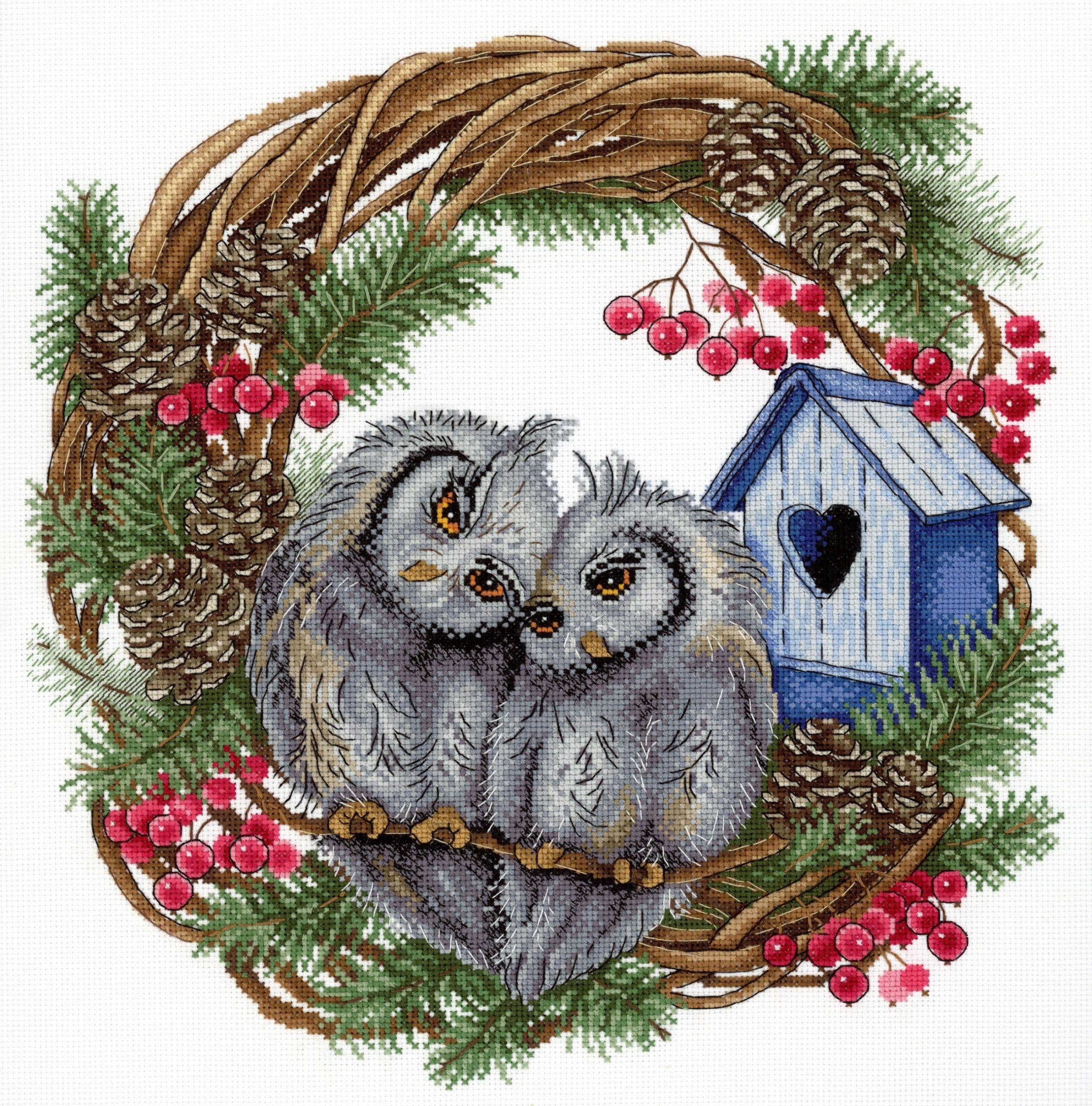 Cross-Stitch Kit Owl Devotion SNV-712 Needlework Birds Green By MP Studia Easy Gray