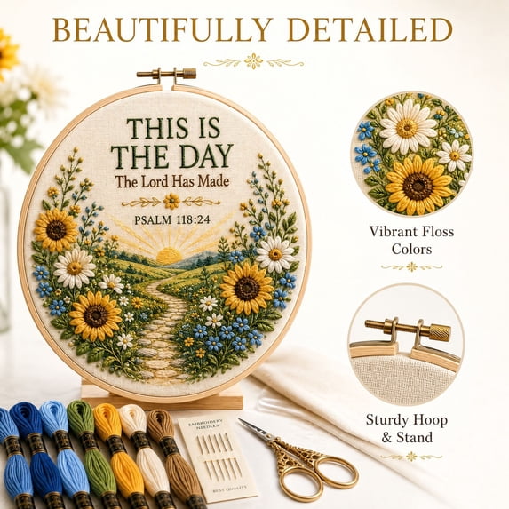 Cross Stitch Kit with Pre-Printed Fabric and Wooden Hoop, Complete Set, Sunflower Landscape and Bible Verse Design, for Adult Beginners, Diy Wall Hanging Craft Kit
