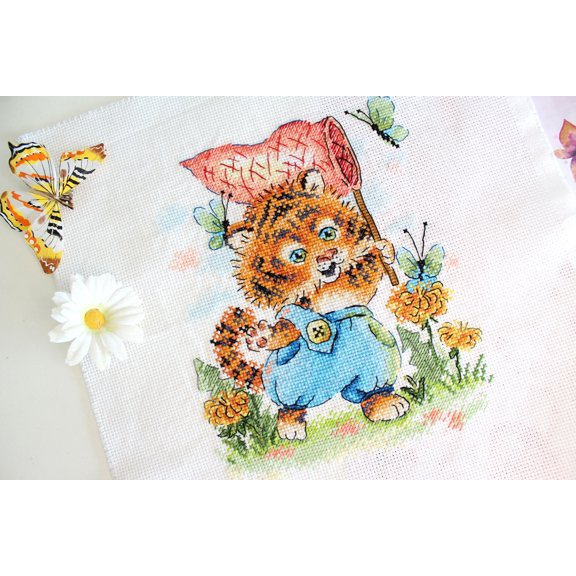 Cross Stitch Kit Striped Hunter SM-621 Needlework Easy By MP Studia Brown Blue Animal