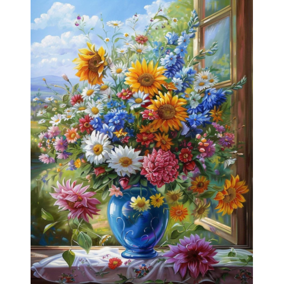 Cross Stitch Kit for Beginners, 11CT Cross-Stitch Kit Easy Patterns Needlepoint Kit Cross Stitching Embroidery Kit Flowers on a windowsill 16x20 inch