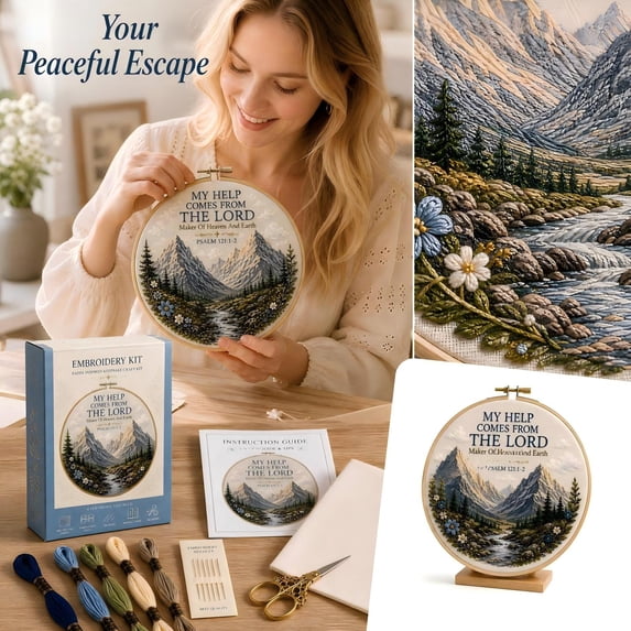 Cross Stitch Kit for Beginners with 8-Inch Wooden Hoop and Pre-Printed Fabric, Mountain Landscape Design, for Adults, Diy Craft Kit
