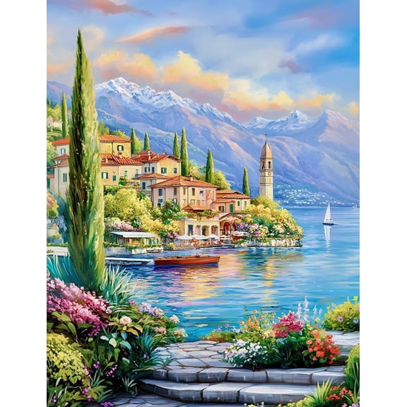 Cross Stitch Kits For Beginners Seaside City Scenery All-Inclusive Embroidery Set With Pre-Printed Fabric, Cotton Thread & Blunt Needles, Diy Home Decor Crafts Gift For Adults(Design)