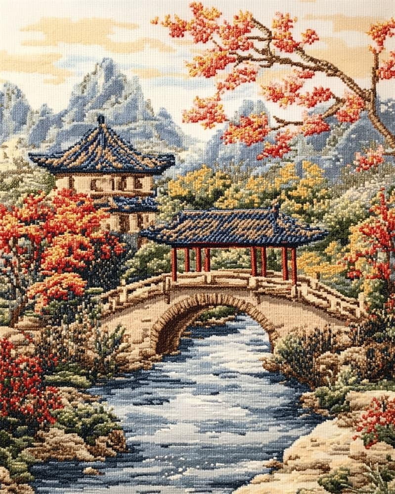 Fabric Cross Project Cross Stitch Kits Chinese Scenery Stamped Cross Stitch Preprinted 11Ct ...