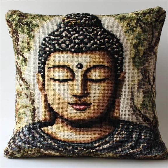 Cross Stitch Kits Cushion Throw Pillow,Buddha Statues Needlework Kit for Adult Beginners 11ct Set Decoration Embroidery Pillow Case 17*17 in
