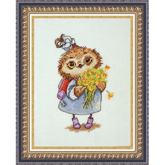 Cross Stitch Owl With Flowers SV-16 By NeoCraft Easy Needlework Blue Brown Flowers Yellow