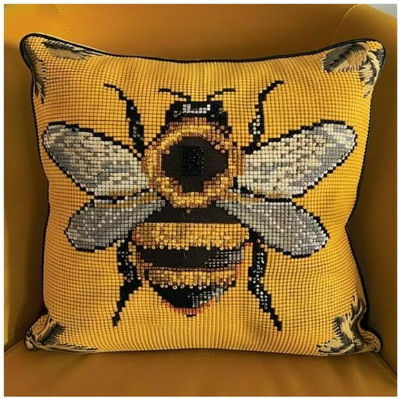 Cross Stitch Pillow Kit Bee Tapestry Cushion kit Needlepoint Craft Set Cushion Kit pre Printed Handmade Cushion Cover Kit Stitched Cushion Kit Decorative for Adults Beginners 17x17in