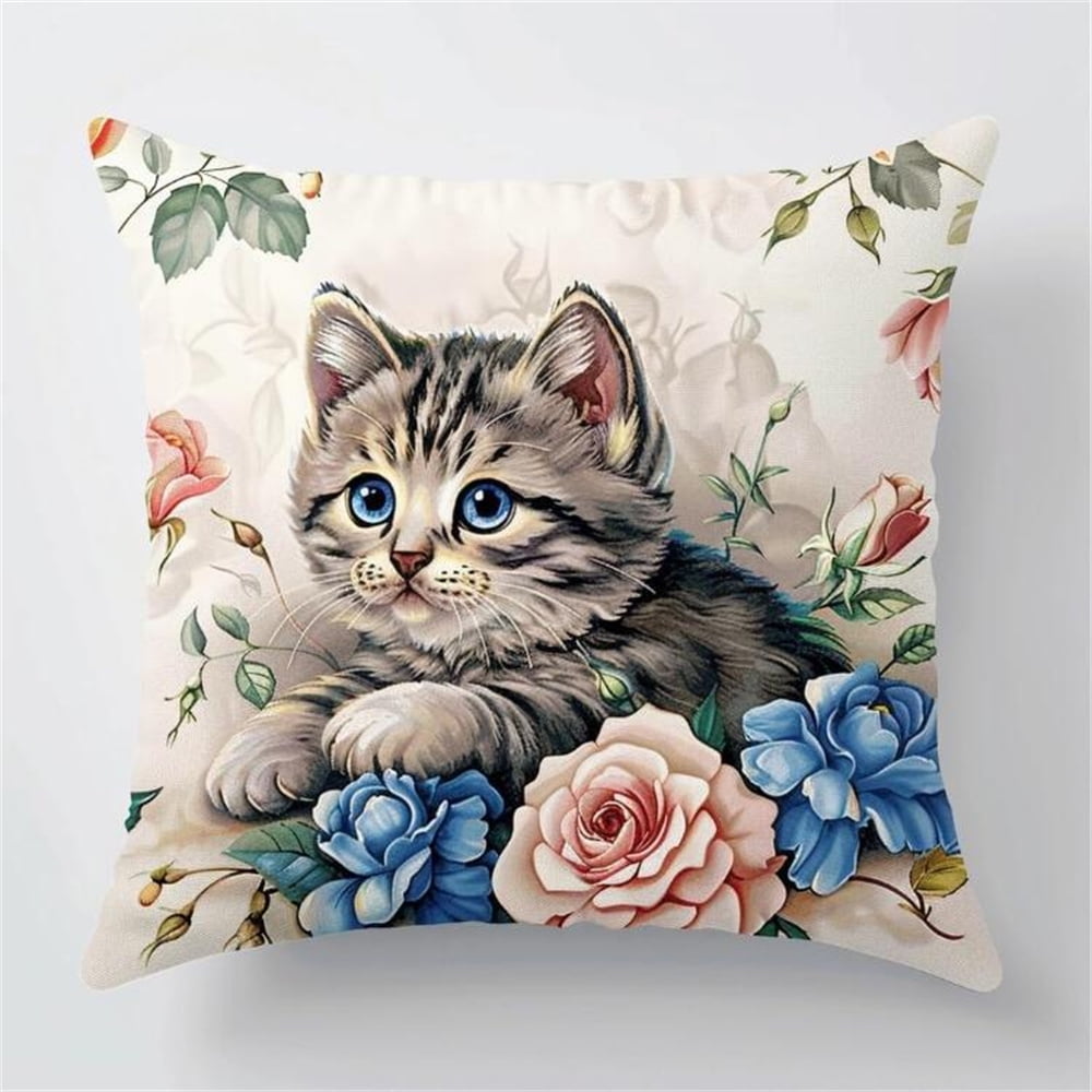 Cross Stitch Pillow Kit, Cartoon cat Embroidery Kit Printed Cross Stitch Cushion Kits Embroidery Cushion Kit for Creative Home Décor — Needlework Kit for Beginners 17*17 in