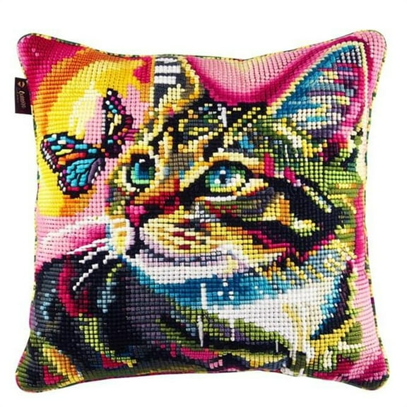 Cross Stitch Pillow Kit Cat Tapestry cushion kit Needlepoint Craft Set Cushion Kit pre Printed Handmade Cushion Cover Kit Stitched Cushion Kit Decorative for Adults Beginners 17x17 inches