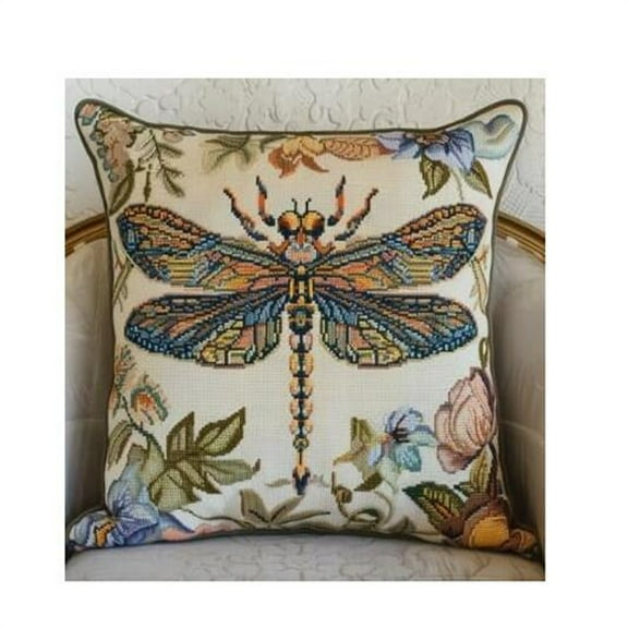 Cross Stitch Pillow Kit Dragonfly Tapestry Cushion kit Needlepoint Craft Set Cushion Kit pre Printed Handmade Cushion Cover Kit Stitched Cushion Kit Decorative for Adults Beginners 17x17 inches