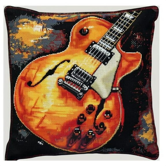 Cross Stitch Pillow Kit Guitar Pattern Tapestry cushion kit Needlepoint Craft Set Cushion Kit pre Printed Handmade Cushion Cover Kit Stitched Cushion Kit Decorative for Adults Beginners 17x17 inches
