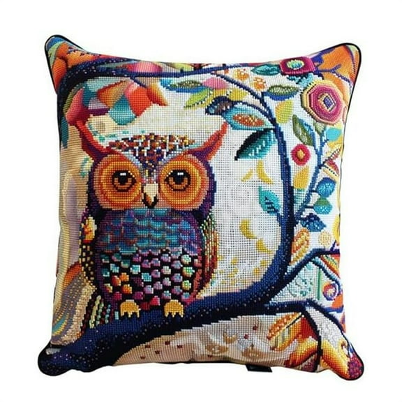 Cross Stitch Pillow Kit Owl Tapestry Cushion kit Needlepoint Craft Set Cushion Kit pre Printed Handmade Cushion Cover Kit Stitched Cushion Kit Decorative for Adults Beginners17x17in