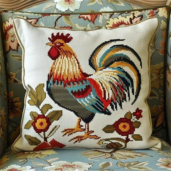 Cross Stitch Pillow Kit Rooster Tapestry cushion kit Needlepoint Craft Set Cushion Kit pre Printed Handmade Cushion Cover Kit Stitched Cushion Kit Decorative for Adults Beginners17x17 inches