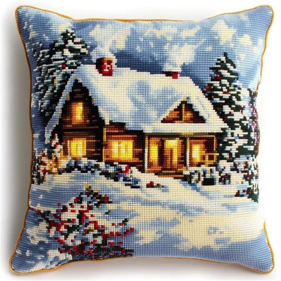 Cross Stitch Pillow Kit, Snow Scene in The Cabin Embroidery Kit Printed Cross Stitch Cushion Kits Embroidery Cushion Kit for Creative Home Dcor Needlework Kit for Beginners 17x17in