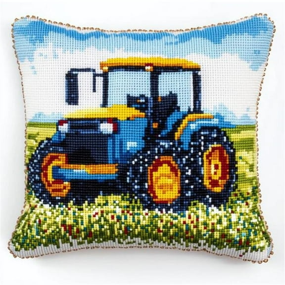 Cross Stitch Pillow Kit, Tractor in The Field Embroidery Kit Printed Cross Stitch Cushion Kits Embroidery Cushion Kit for Creative Home Dcor Needlework Kit for Beginners 17x17in