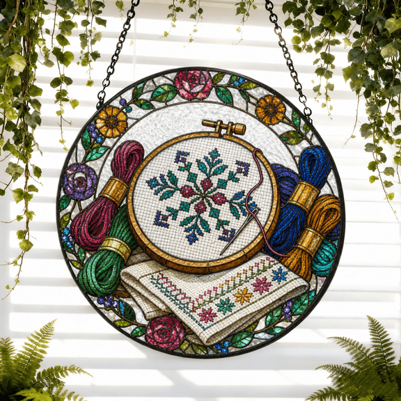 Cross Stitch Stained Glass Suncatcher Window Hanging Acrylic Gift for Crafters