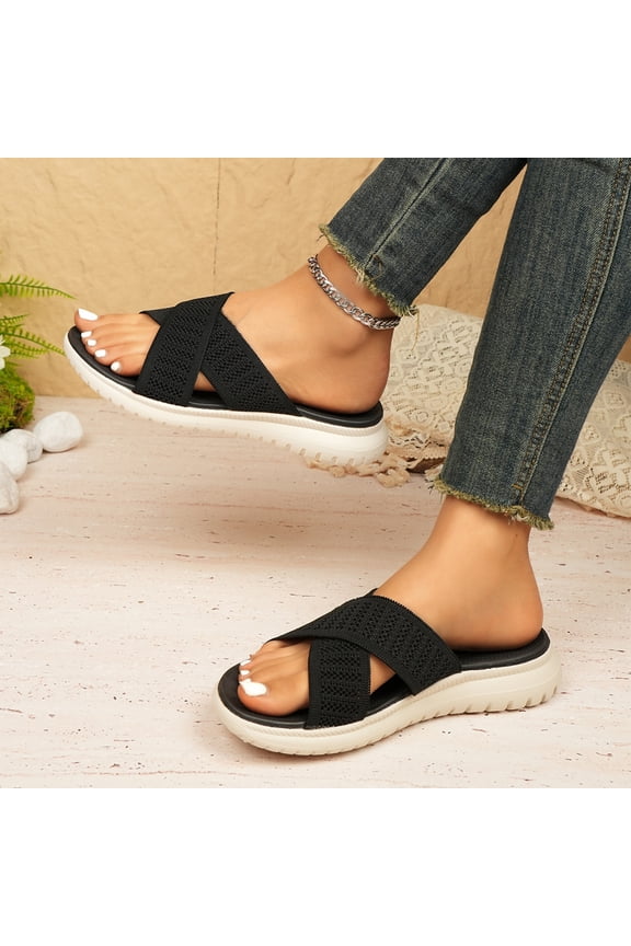 Cross Strap Slides Flyknit Flat Sandals Comfortable Beach Slippers,Premium Knit Breathable Open Toe Summer Open Back Footwear,Lightweight Cushion Soft Sole Non Slip Daily Outdoor Apparel