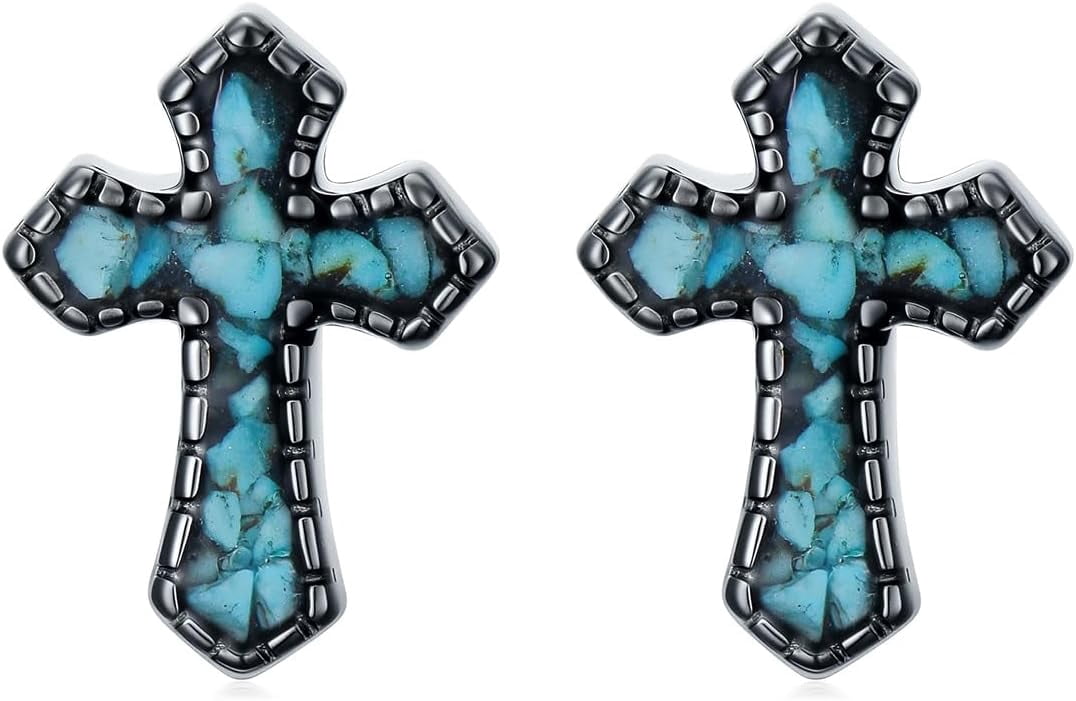 Cross Stud Earrings with Turquoise 925 Sterling Silver Black Plated Cross Earrings Christian Jewelry for Men Women