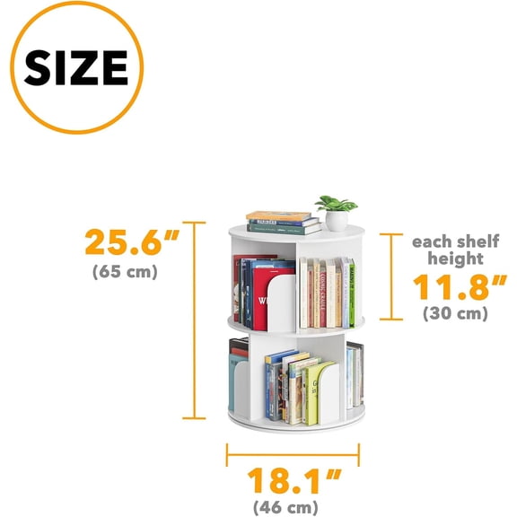 Cross Style 2 Tier Rotating Bookshelf, Spinning 360 Bookcase Lazy Susan Tower, Vertical Revolving Books Shelf Storage Round Carousel Space Saving Organizer, White