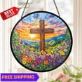 thumbnail image 1 of Cross Suncatcher, Glass-Effect Christian Window Hanging, Floral Panel, 1 of 5