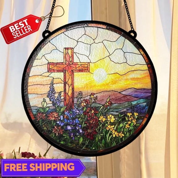 Cross Suncatcher, Glass-Effect Round Sunrise Christian Panel