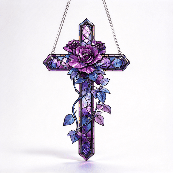Cross Suncatcher Hanging Decor - Acrylic Purple Rose Cross Window Ornament - Religious Gifts for Women Men, Catholic GiftCross Suncatcher and Easter Basket Stuffers
