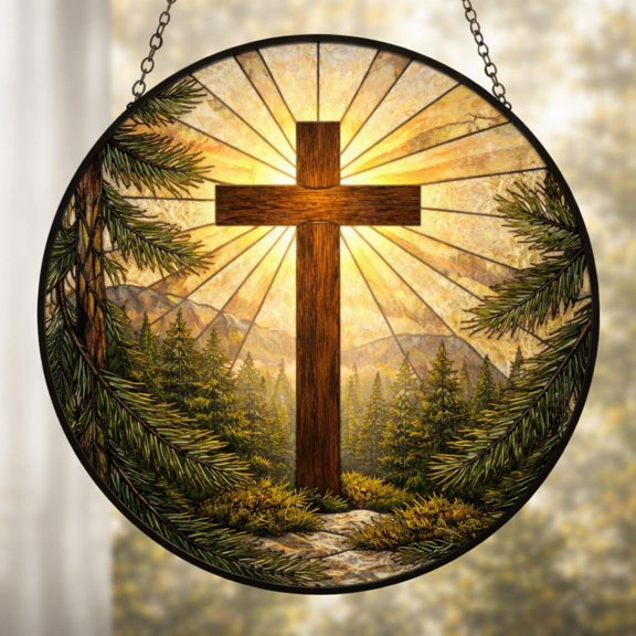 Cross Suncatcher Window Hanging, Forest Glass Style Decor, Faith Art, 7.9 in