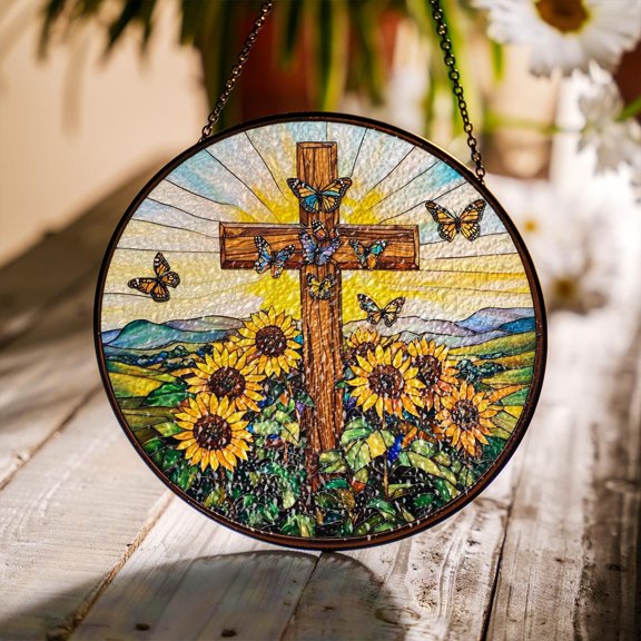 Cross Sunflower Glass Suncatcher, Christian Window Hanging, Religious Decor v2, 3.5 in