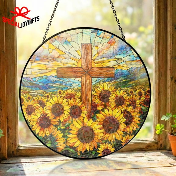 Cross Sunflowers Glass Suncatcher, Christian Cross Window Hanging Religious Faith, 3.5 in