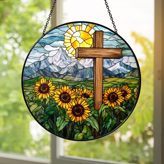 Cross Sunflowers Mountains Sunrise Stained Glass Suncatcher Window Hanging Home Decor Christian Religious Faith Gift