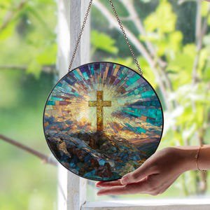 Cross At Sunrise Glass Window Suncatcher Christian Religious Cross Sun Catcher For Home, Church, Or Christmas Window Dcor Gift, Suncatcher Window Hanging, 7.9 in