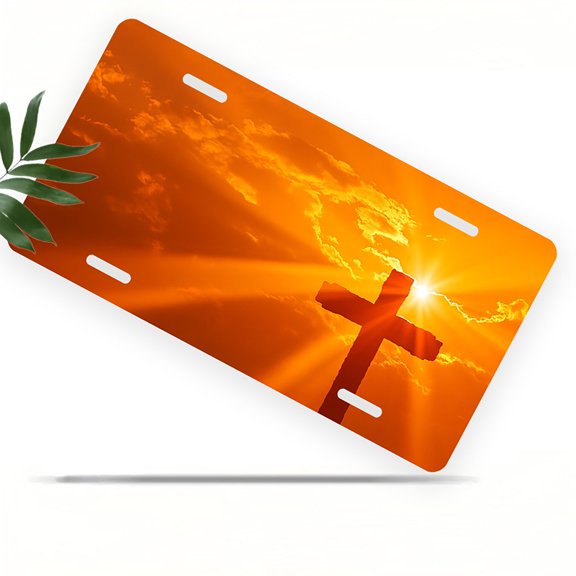 Cross against Sunset Front License Plate, Metal License Plate, Funny Standard Plates Personalized Novelty Decorative For Men/Women/Boys/Girls Car 6×12 Inch