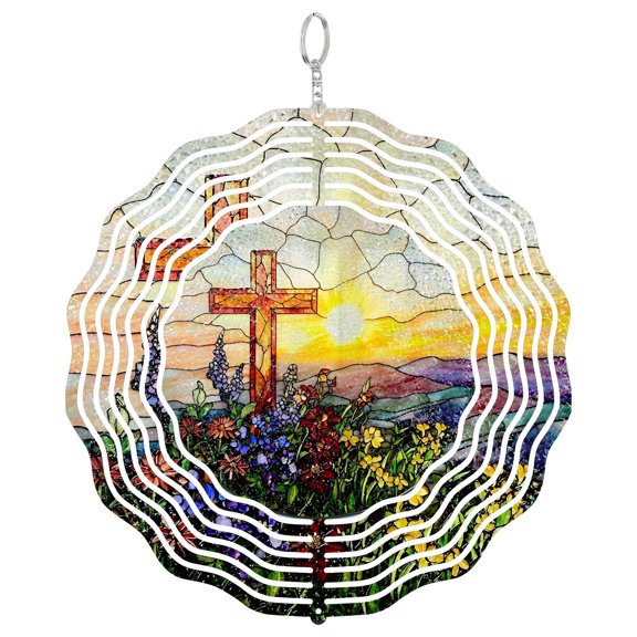 Cross Sunset Metal Wind Spinner, Christian Hanging Garden Decor