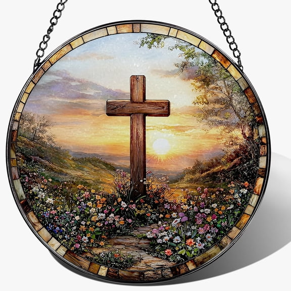 Cross Sunset Stained Glass Suncatcher, Christmas Ornament, Window Hanging Decor, Christian Home Decor, 6.3x6.3in