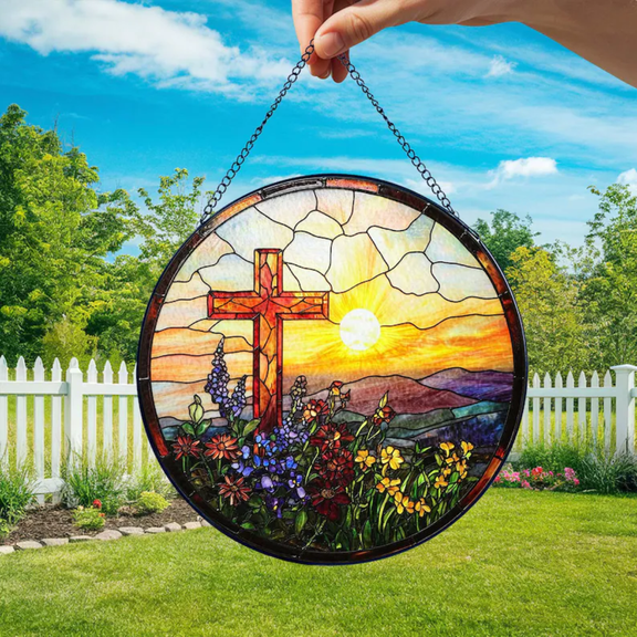 Cross Sunset Stained Glass Window Hanging, Christian Suncatcher Home Decor