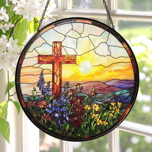 Cross Sunset Window Glass, Suncatcher Window Hanging, Indoor Decor, Stained Glass Gift, Christian Cross, Christmas Jesus Gift, Window Decor, 7.9 in