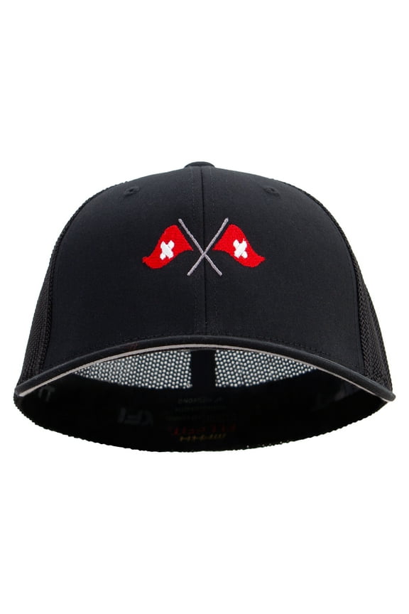 Cross Swiss Flag Embroidered 6 Panel Trucker Flexfit Cap - Black OSFM