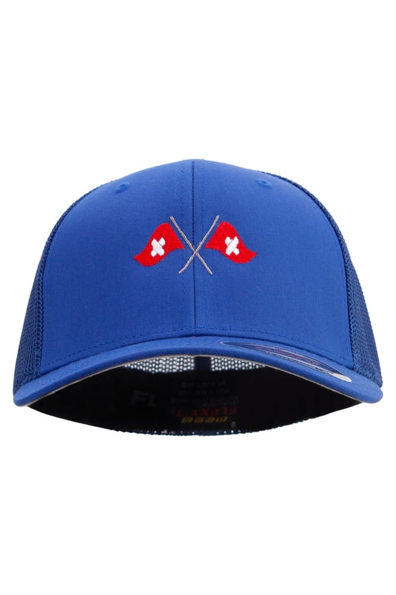 Cross Swiss Flag Embroidered 6 Panel Trucker Flexfit Cap - Royal OSFM