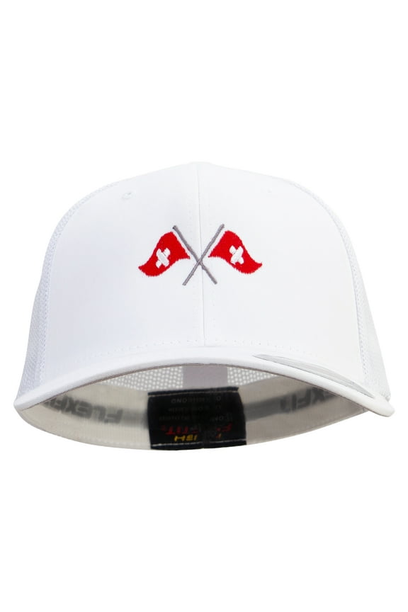 Cross Swiss Flag Embroidered 6 Panel Trucker Flexfit Cap - White OSFM