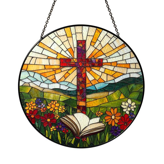 Cross Symbol Window Sun Catcher, Bright Stained Glass Style Hanging Decor, Inspirational Decor Gift