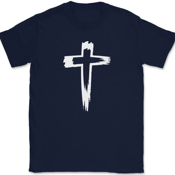 Cross T-Shirt Christian Jesus Praise Worship God Faith Text Tee - Navy, 4XL
