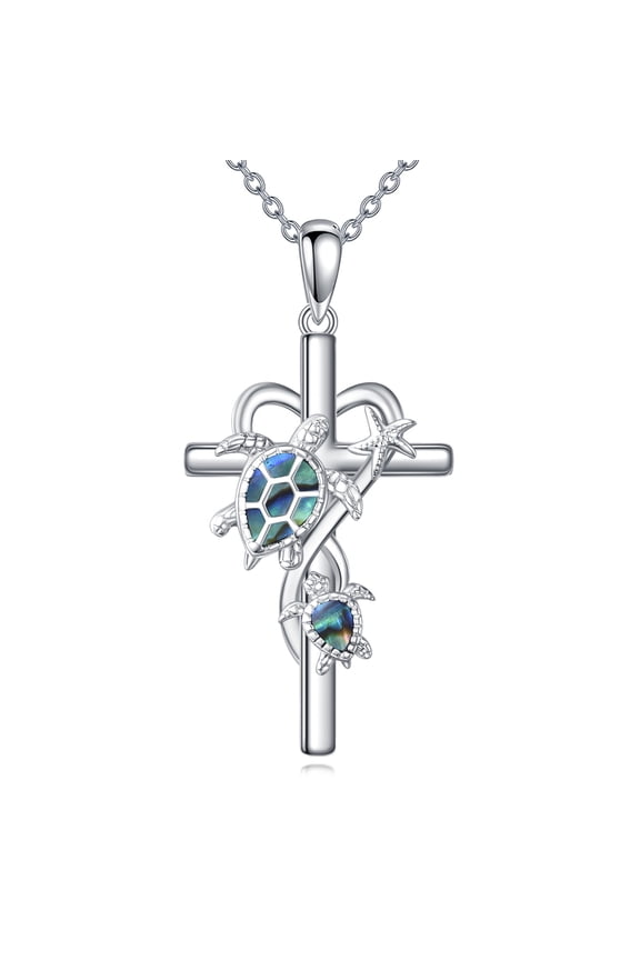 Cross Turtle Necklace for Women 925 Sterling Silver Cross Necklace Abalone Shell Turtle Jewelry for Women