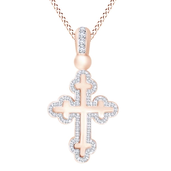 AFFY Cross Two Tone Pendant Necklace In 14k Solid Rose Gold Round Cut White Natural Diamond (0.30 cttw)