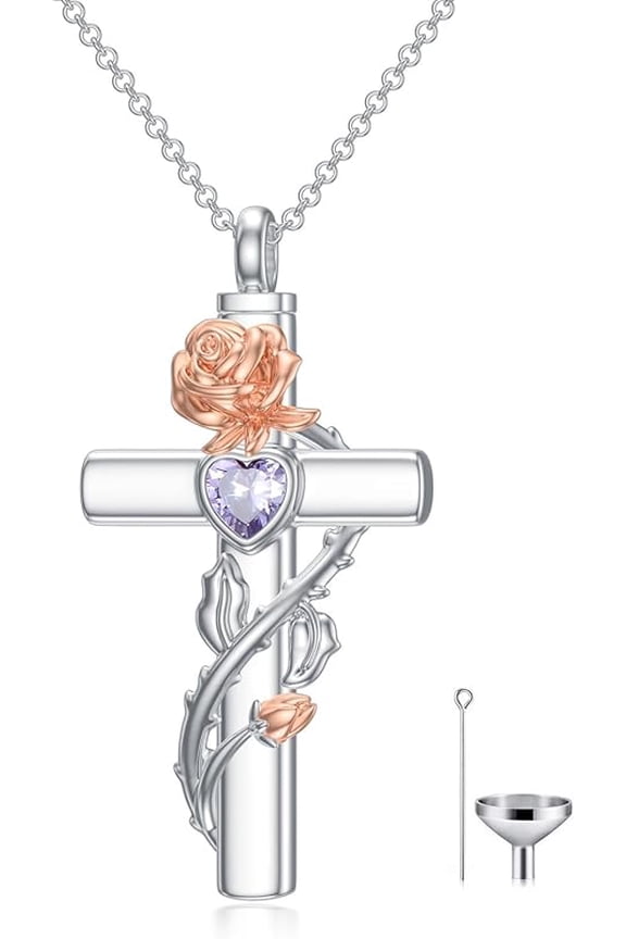 Cross Urn Necklace for Ashes Birthstone 925 Sterling Silver Double/Angel Wing/Rose Flower Cremation Pendant Custom Keepsake Jewelry Memorial Gifts for Women Men